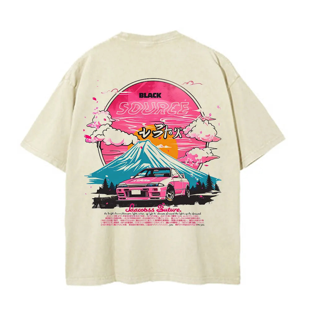 Men's Japanese Dragon Print T-Shirt Red Black Contrast Casual Tee