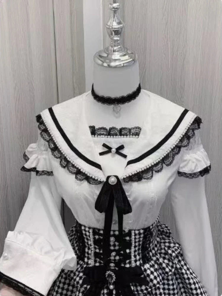 Women's Lace Trim Sailor Collar Short Sleeve Blouse