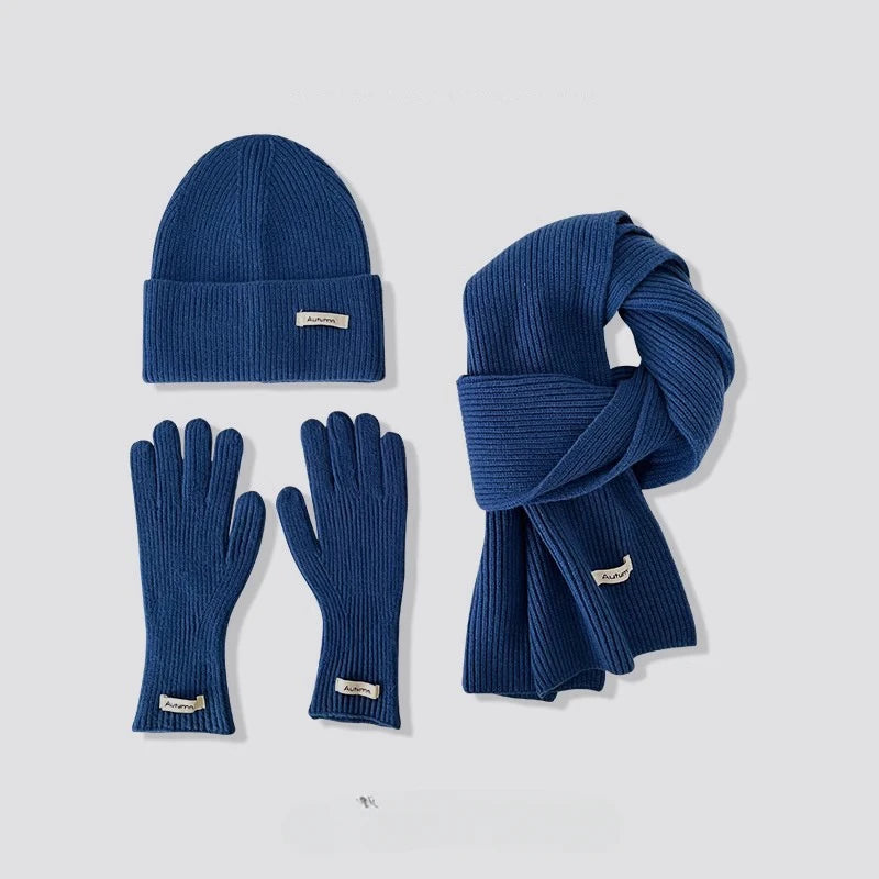 Women's Solid Knitted Hat Scarf and Gloves Set for Winter Outfits