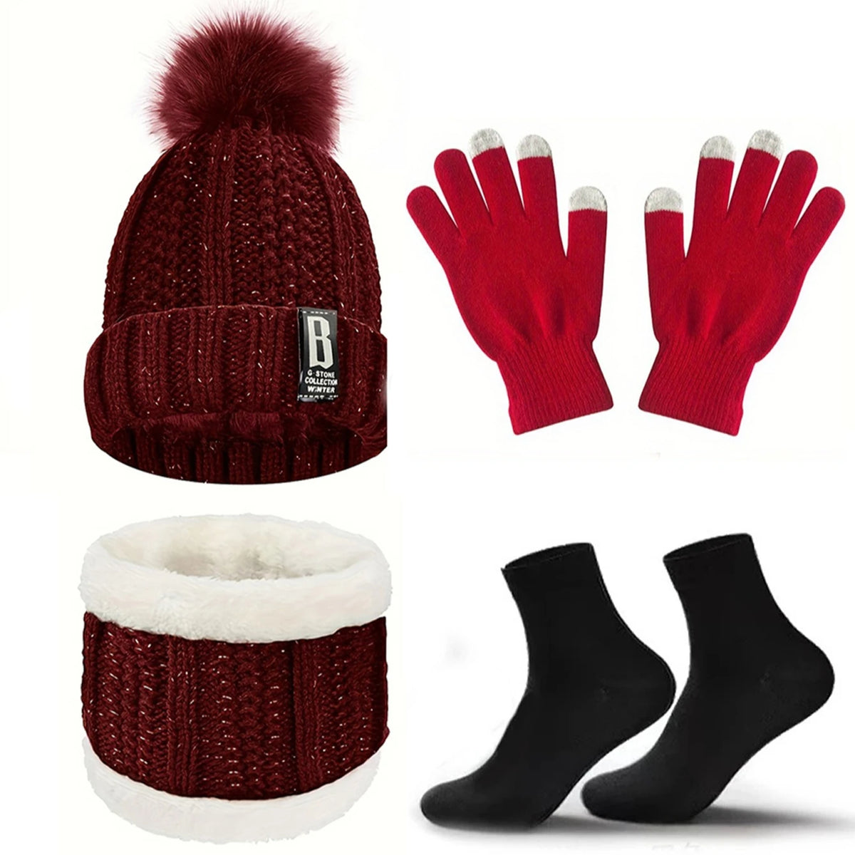 Winter Beanie Hat Gloves Scarf and Socks Set for Adult Wear