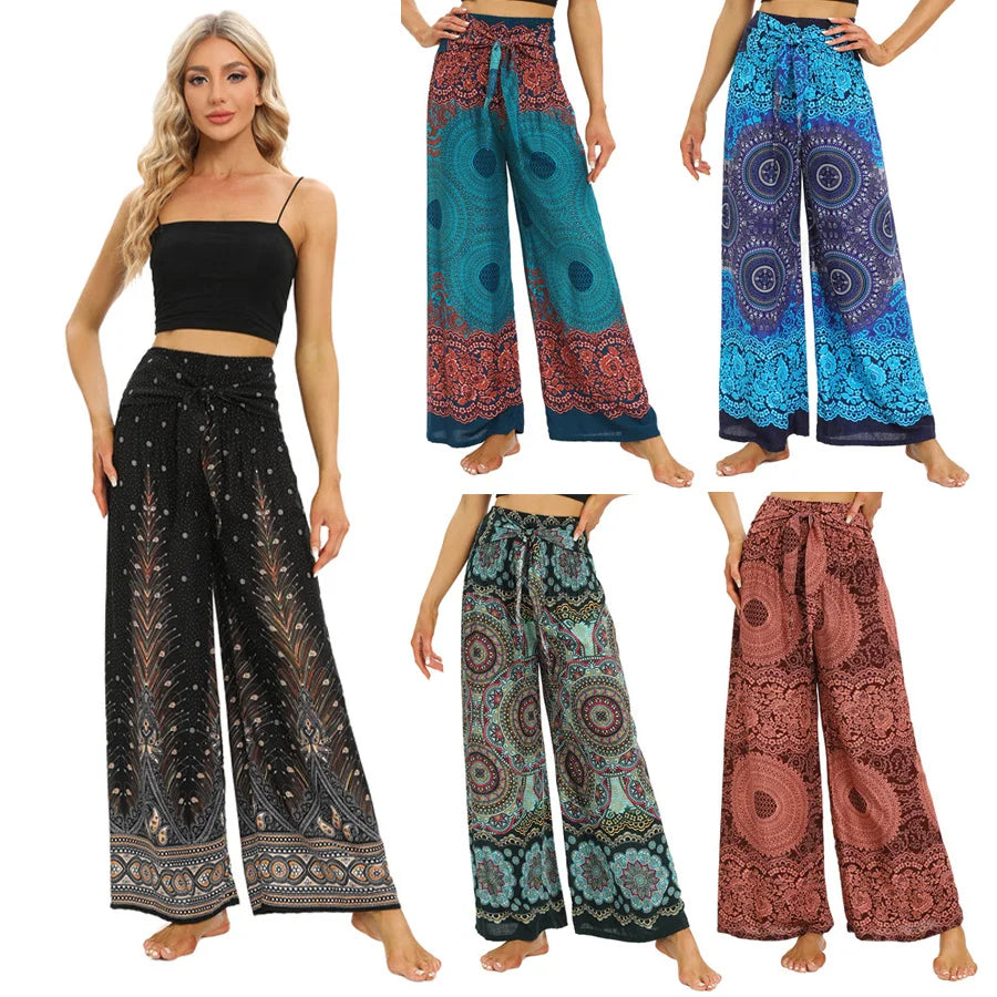 Women's Printed Rayon Harem Pants with Elastic Waist and Convertible Styling