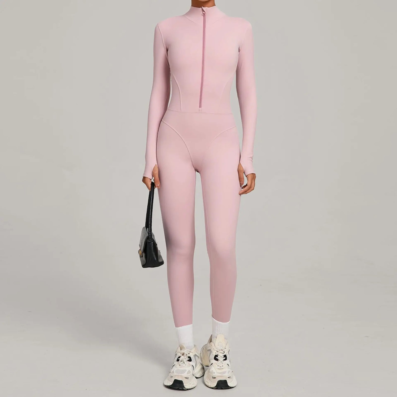 Women's Long Sleeve Nylon Blend Workout Jumpsuit with Stand Collar Zip