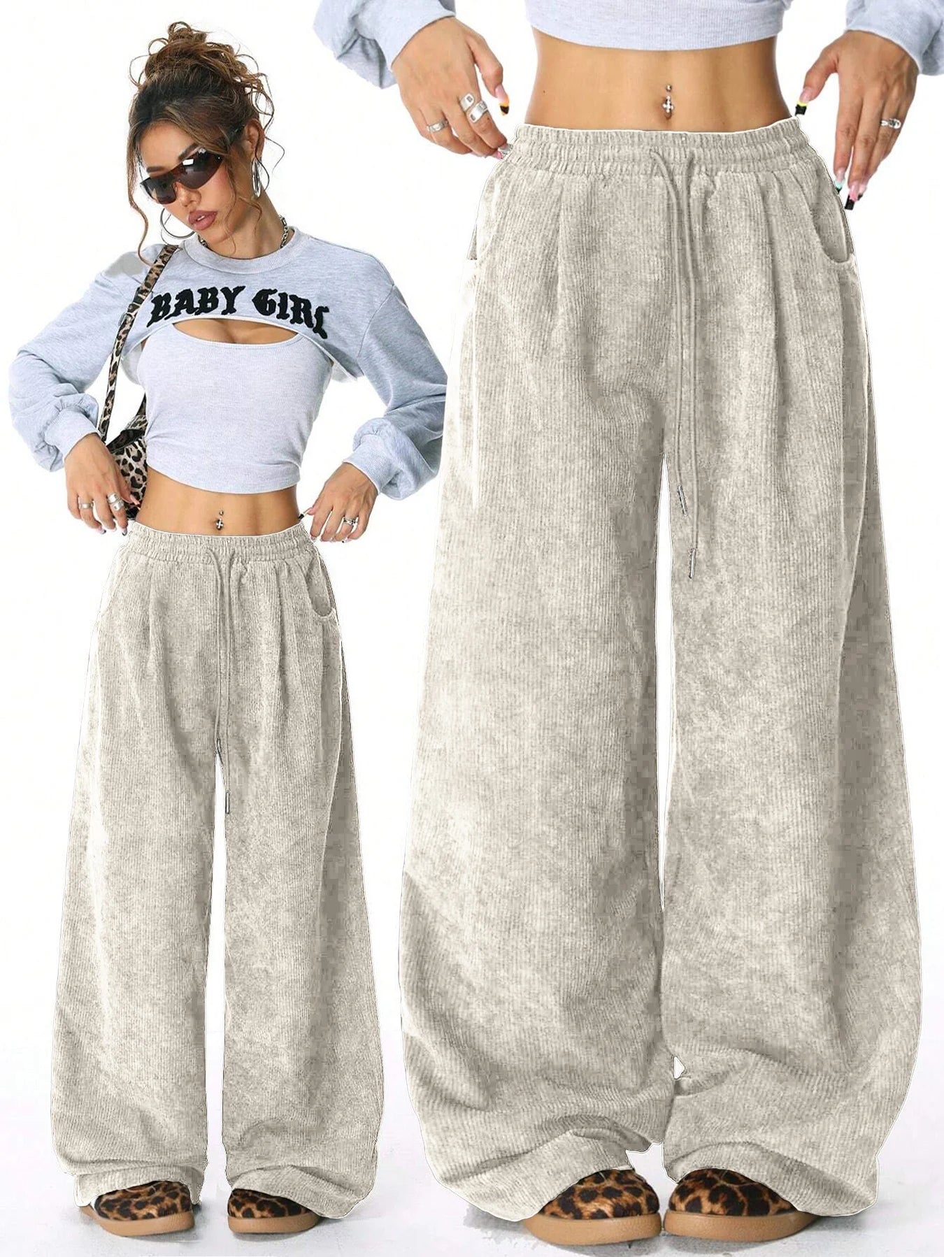 Women's Corduroy Style Drawstring Pants with Wide Legs and Pockets