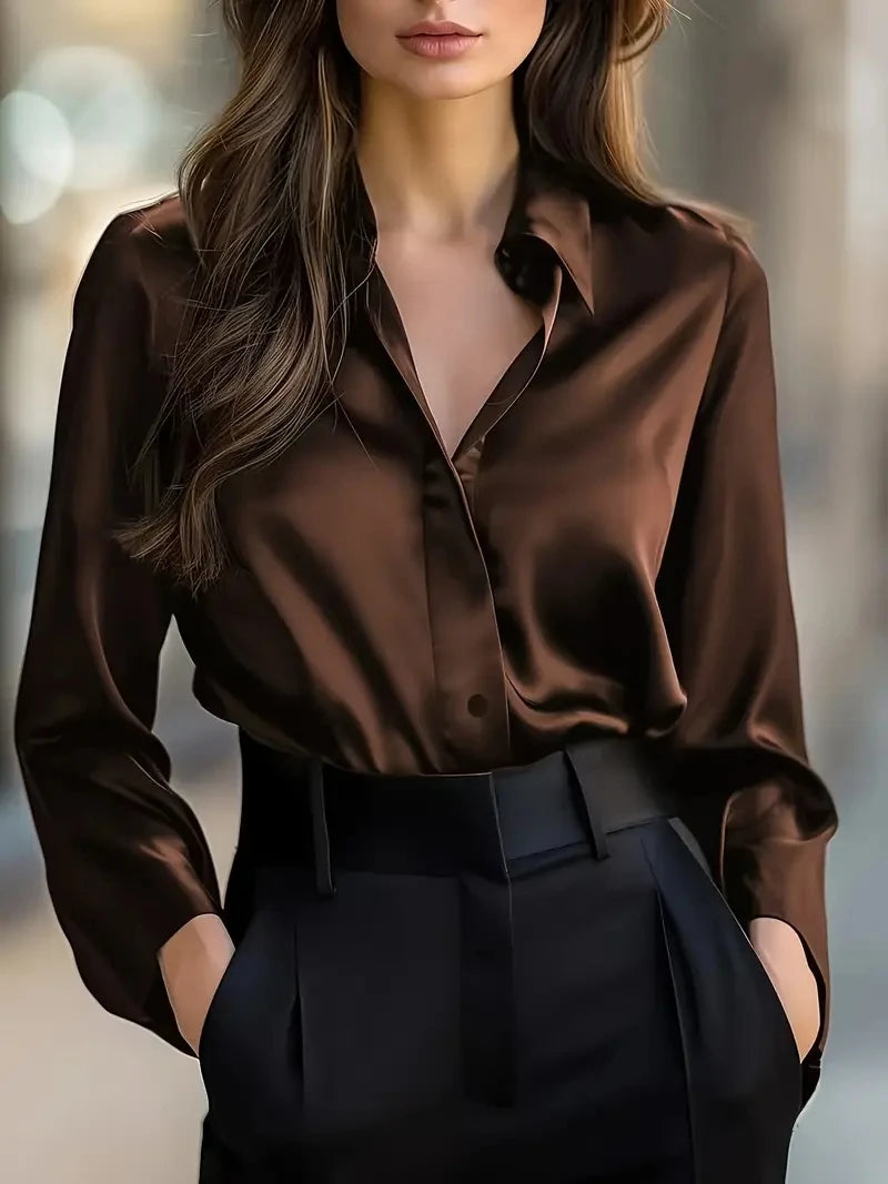 Women's Long Sleeve Button Front Satin Look Shirt