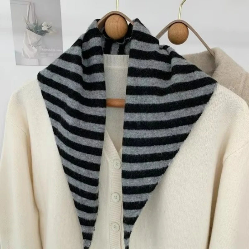 Striped Triangle Knit Scarf with Tieable Pointed Ends