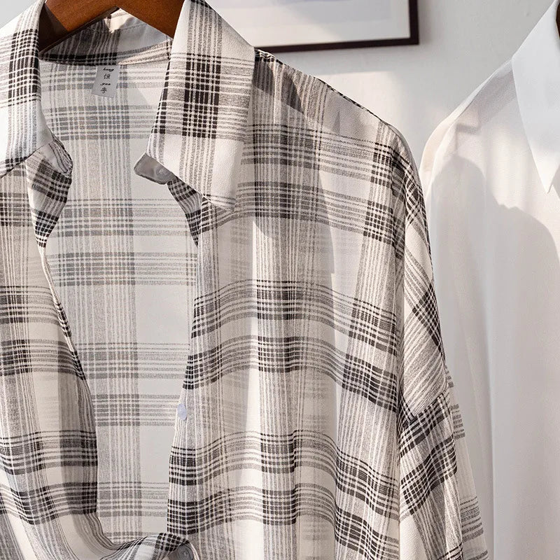 Women's Sheer Checked Short Sleeve Button Front Shirt
