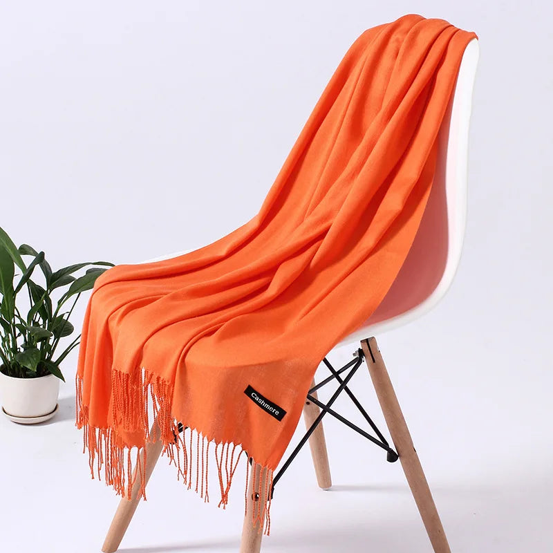 Solid Long Rectangular Scarf with Fringed End Trim