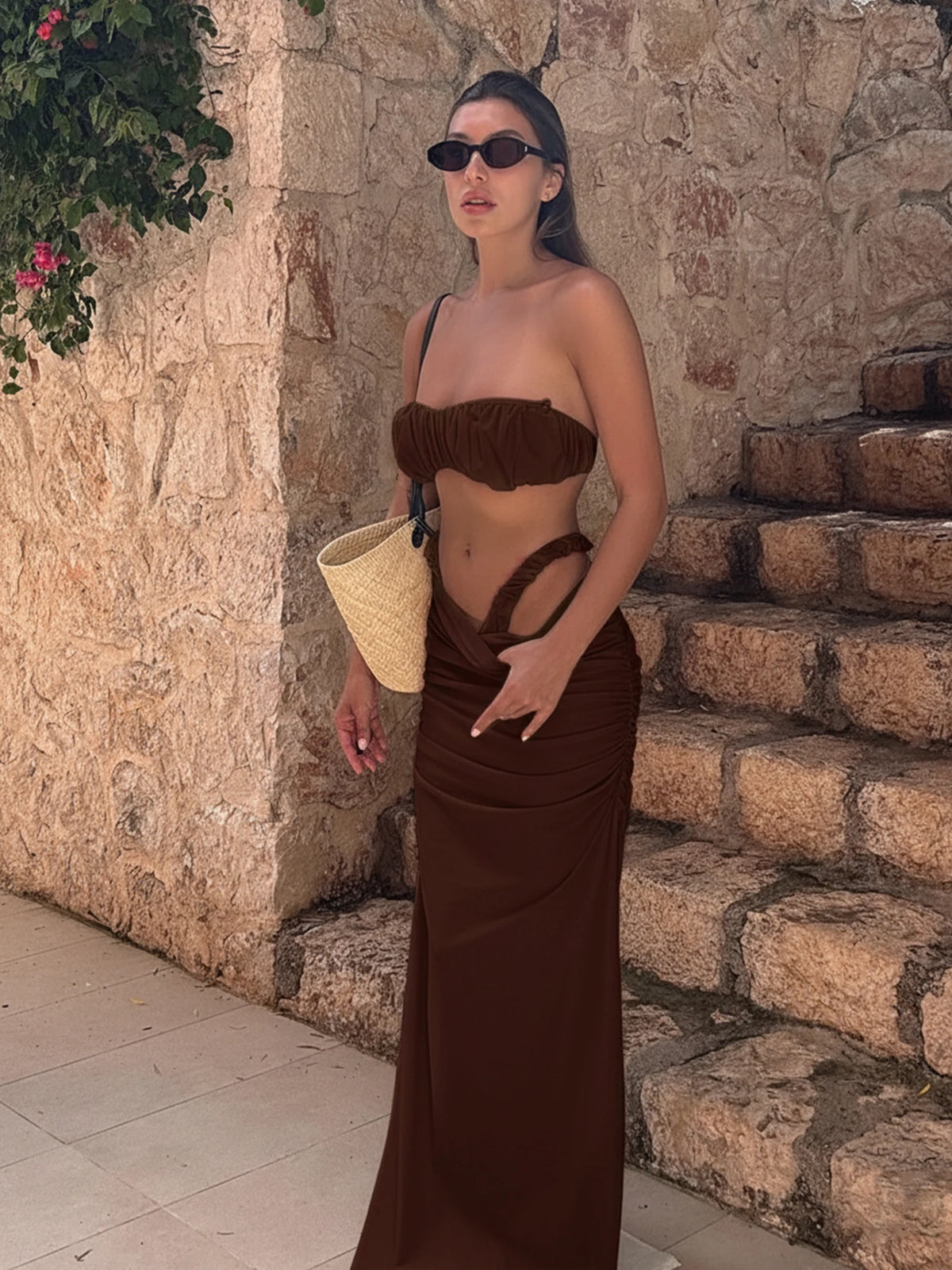 Ruched Bandeau Bikini with Maxi Skirt