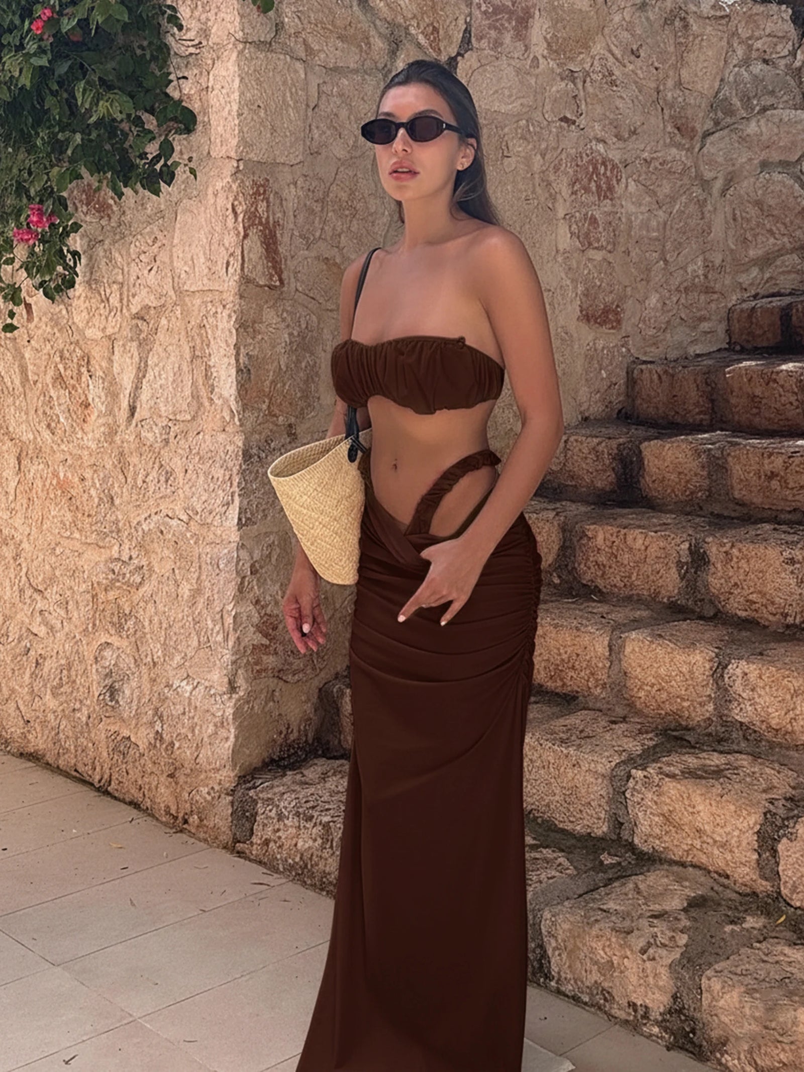 Ruched Bandeau Bikini with Maxi Skirt