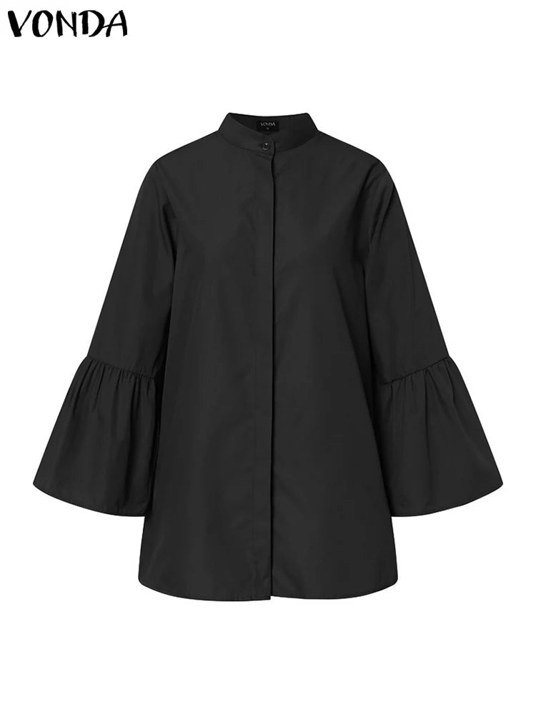 Women's Split Neck Blouse with Flared Three Quarter Sleeves