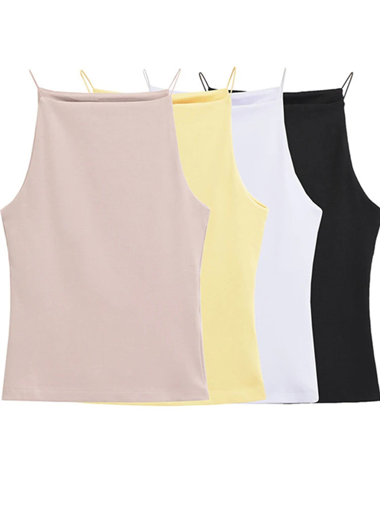 Women's High Neck Cotton Blend Camisole with Thin Straps and Straight Hem