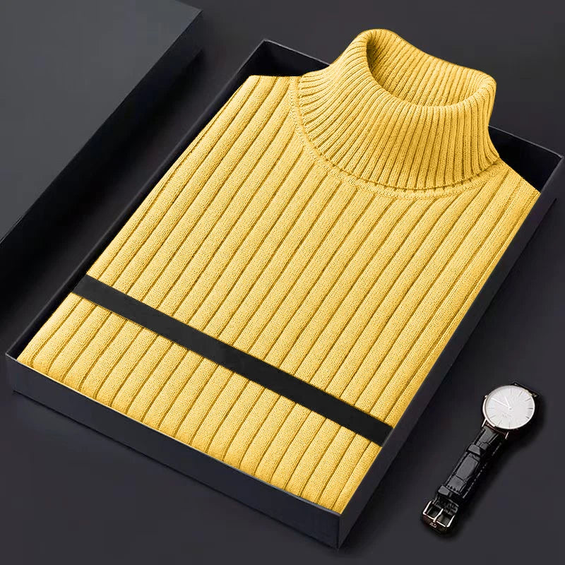 Men's Ribbed Turtleneck Sweater with Contrast Stripe
