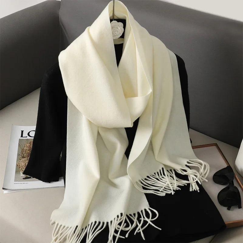 Solid Long Rectangular Scarf with Decorative Fringe Trim
