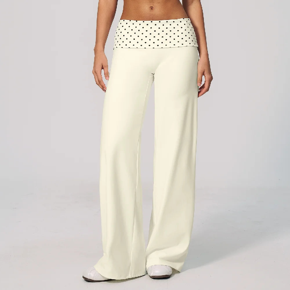 Women's Patterned Fold Over Waist Wide Leg Workout Pants with Flared Shape