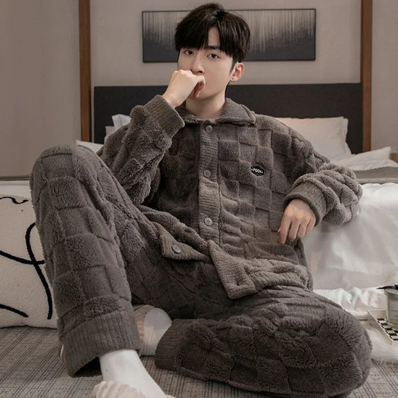 Men's Plush Button Front Shirt and Pants Pajama Set