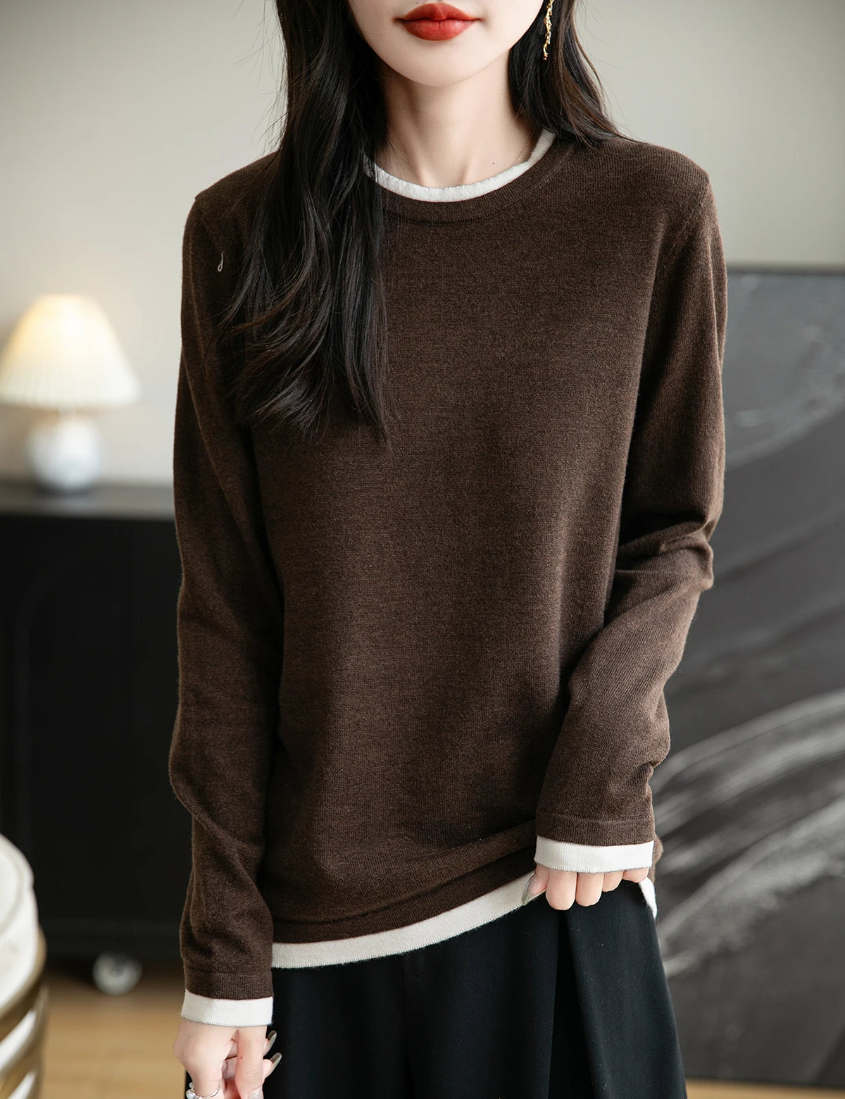 Women's Contrast Trim Crew Neck Sweater Casual Knit Layer