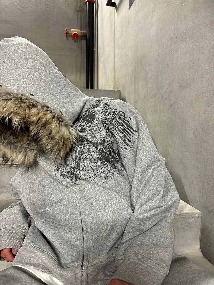 Fluffy Trim Long Sleeve Full Zip Casual Hoodie