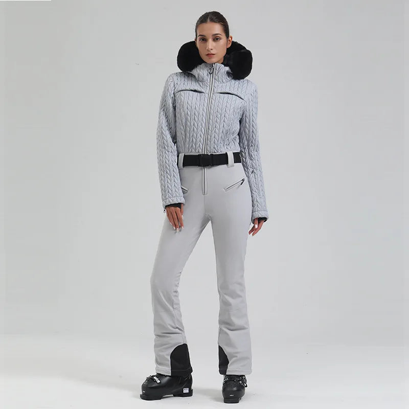 Hooded Long Sleeve Belted One Piece Ski Snow Jumpsuit