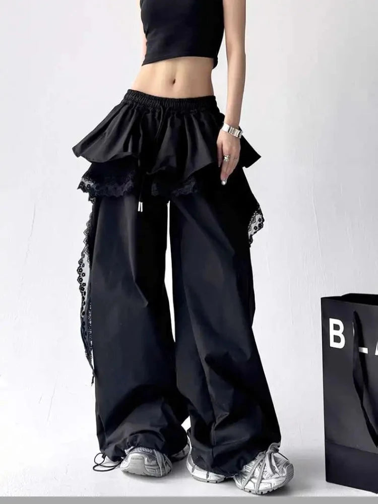 Women's Wide Leg Pants with Layered Lace Trim and Cargo Pockets