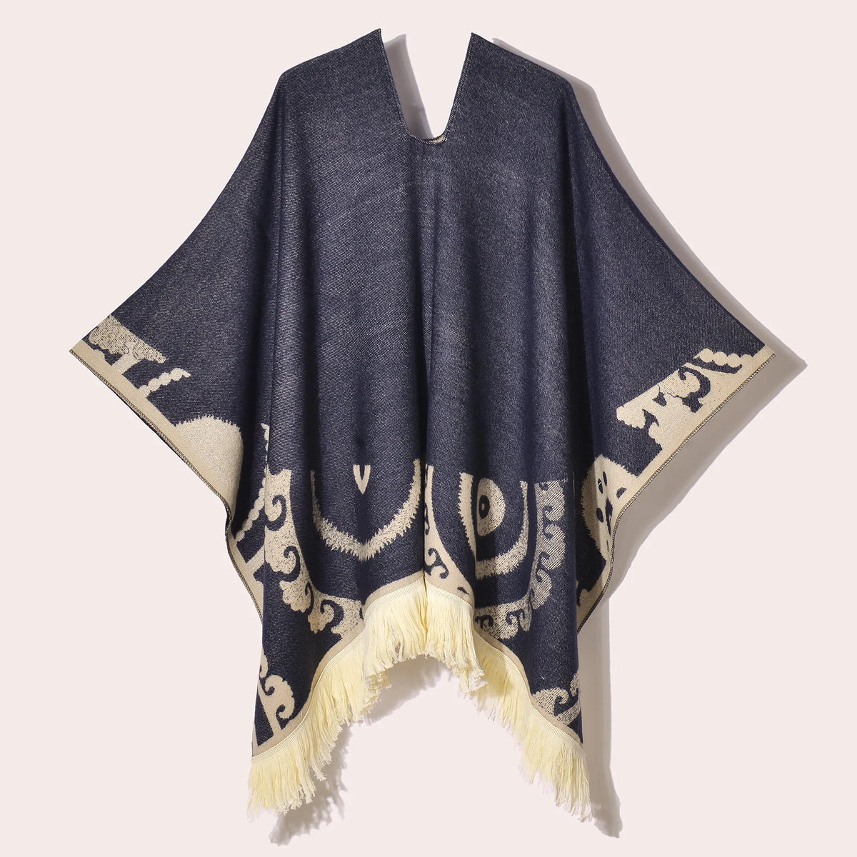 Geometric Pattern Fringe Poncho for Layering over Outfits