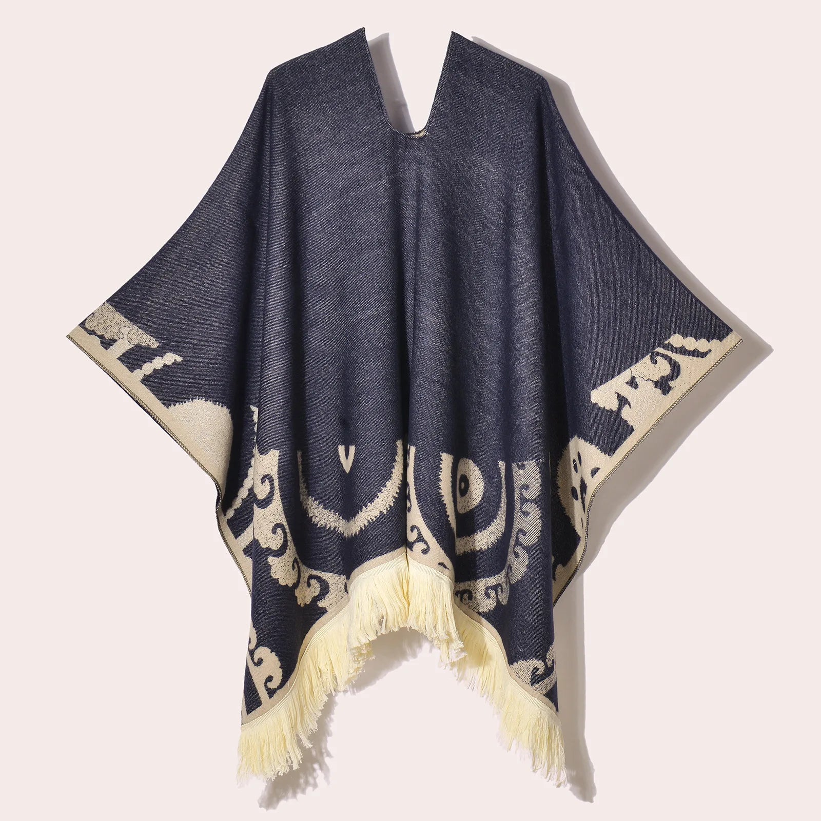 Geometric Pattern Fringe Poncho for Layering over Outfits