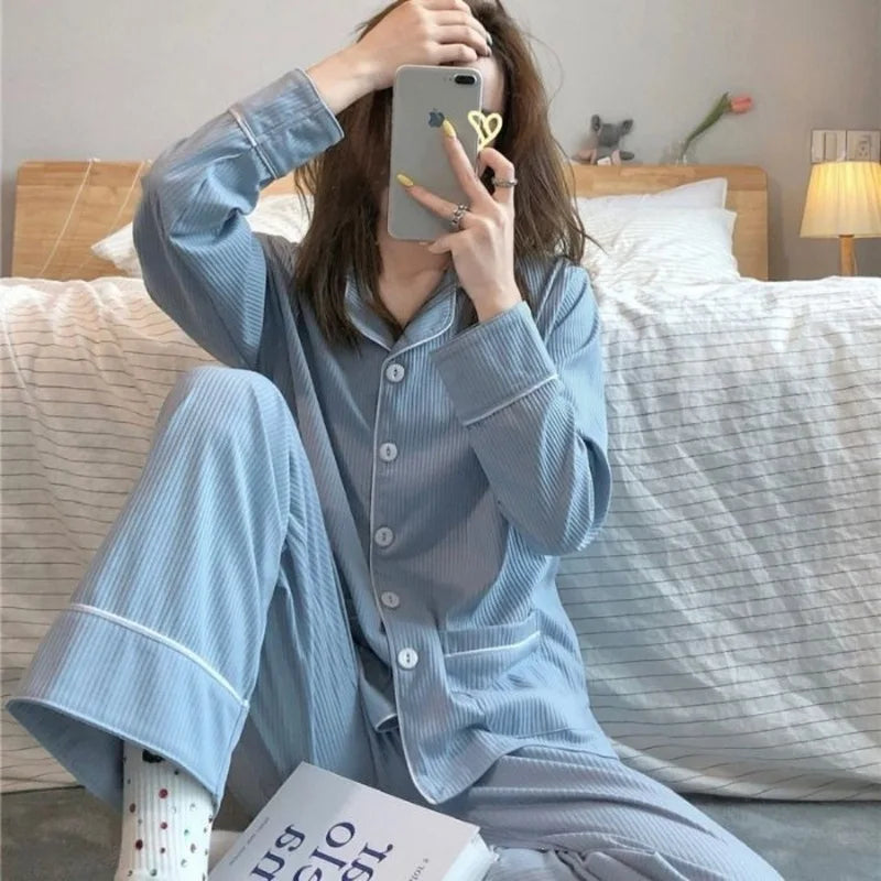 Women's Piped Button Front Long Sleeve Pajama Set with Top and Pants