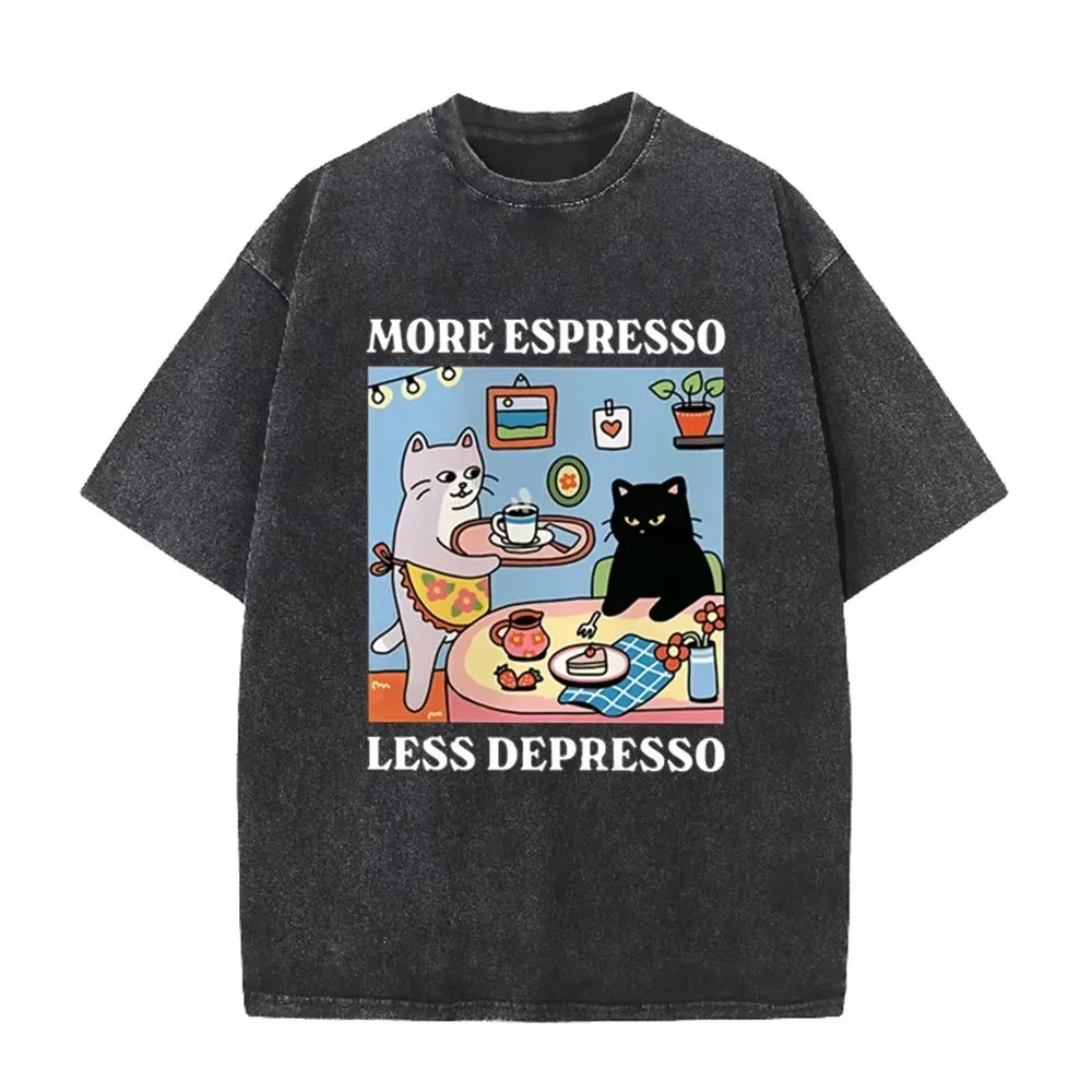 Vintage Black Cat Coffee T Shirt More Espresso Less Depresso Graphic Acid Wash Tee