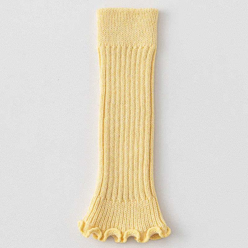 Solid Ribbed Calf Leg Warmers with Ruffled Edge Trim