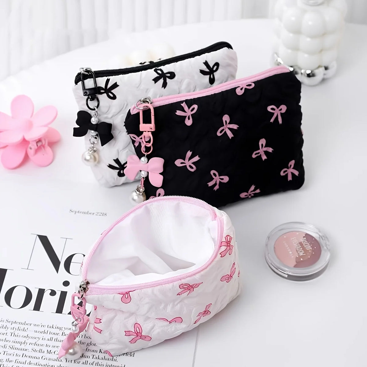 Mini Bow Print Zipper Pouch Bag for Lipstick and Small Essentials