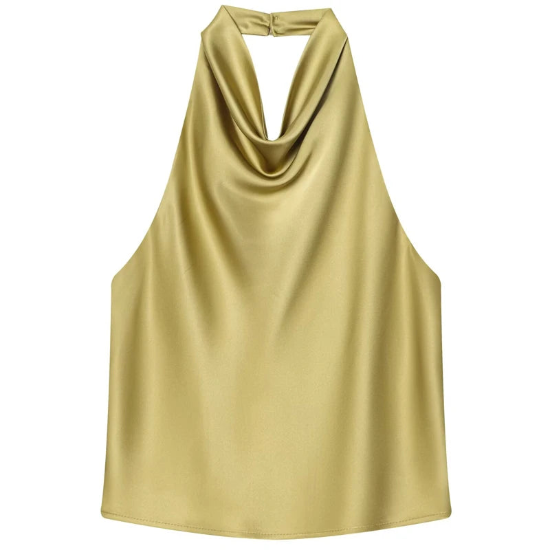 Women's Satin Polyester Halter Camisole with a Draped Front and Open Back