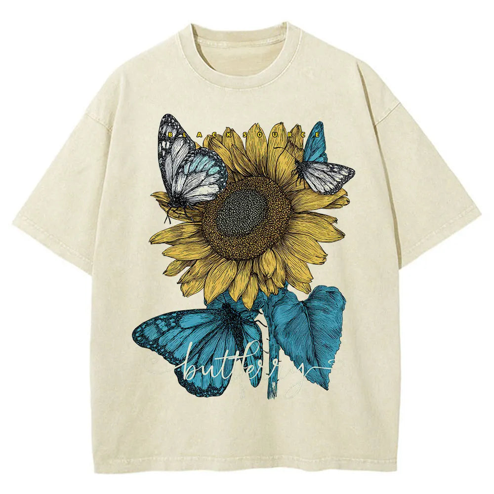 Sunflower Butterfly Print Cotton Oversized T-Shirt Women Summer