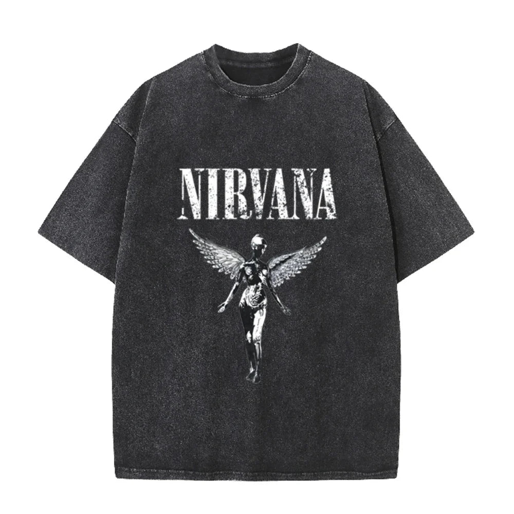 Vintage Distressed Washed Tee Nirvana Grunge Rock Silver Angel Skeleton Print Loose Fit Short Sleeve T Shirts