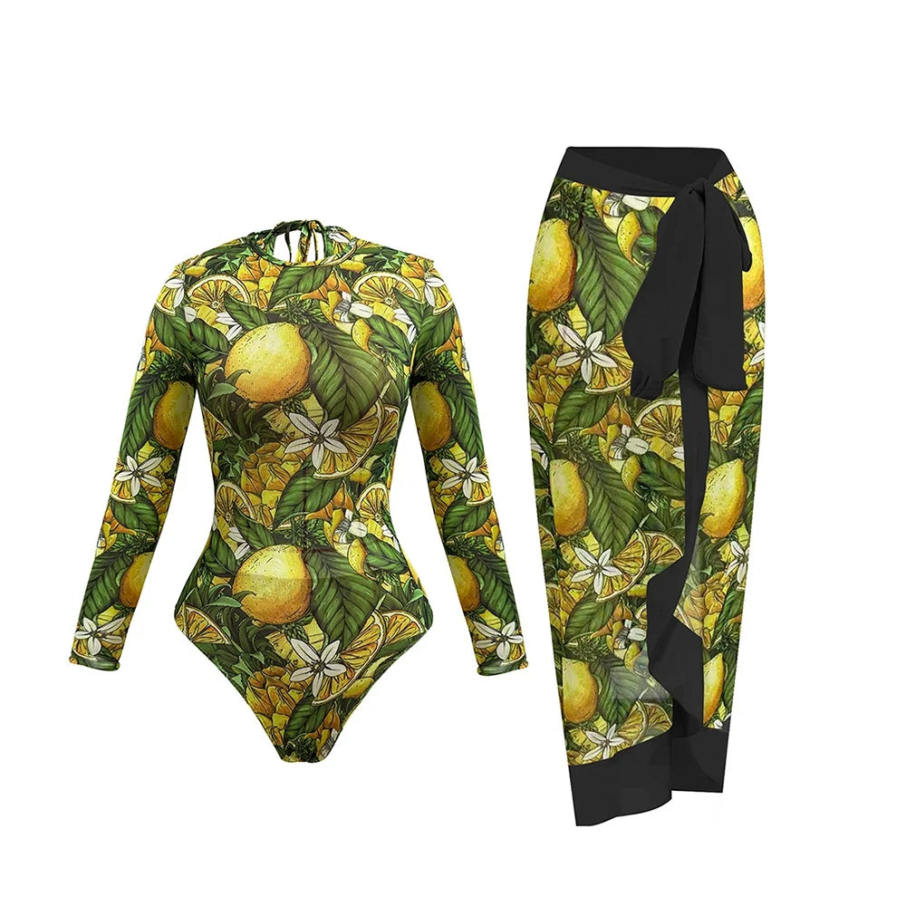 Printed Long Sleeve Swimsuit with Matching Skirt