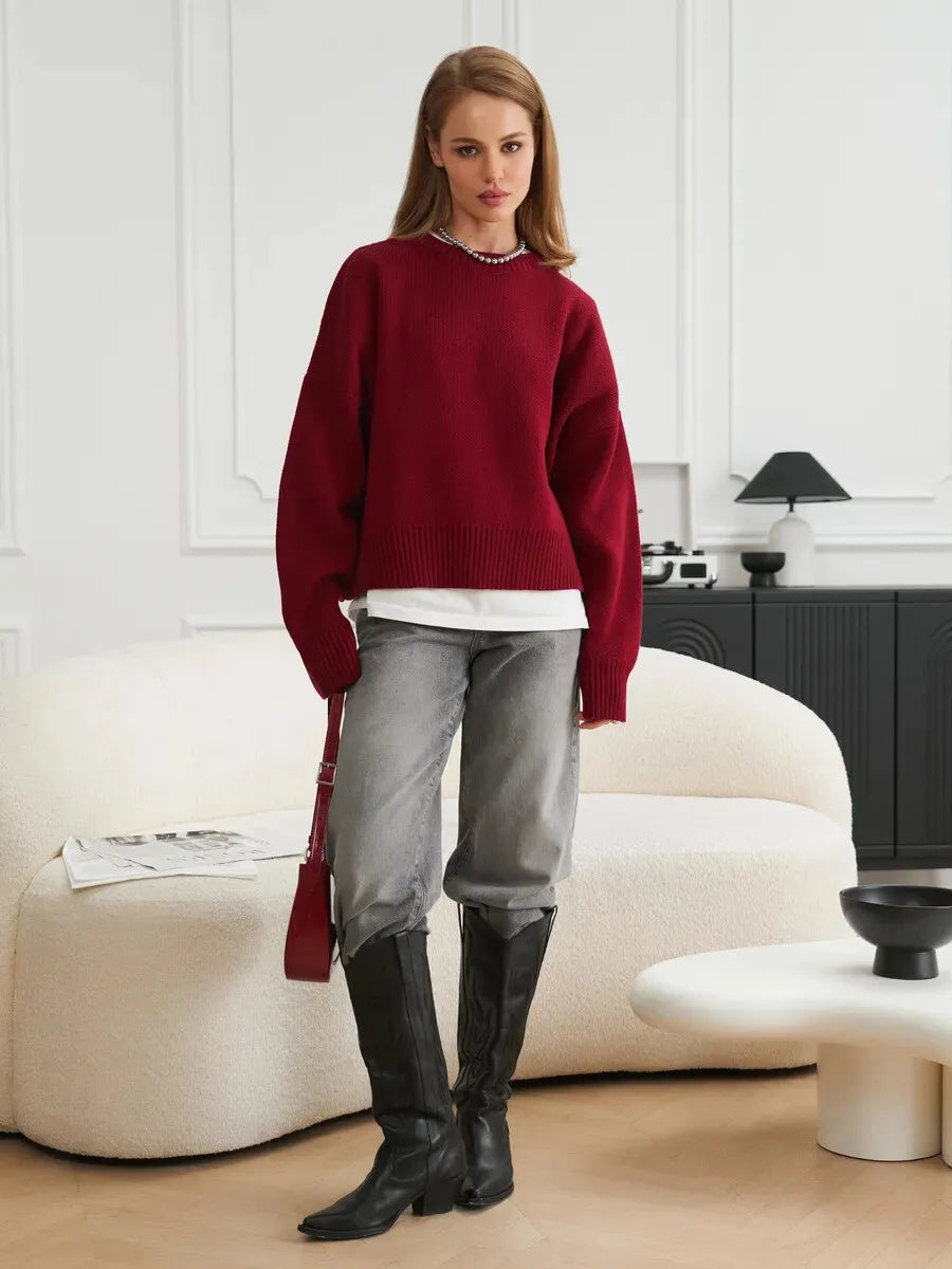 Women's Loose Crew Neck Chunky Knit Sweater Casual Knit Layer
