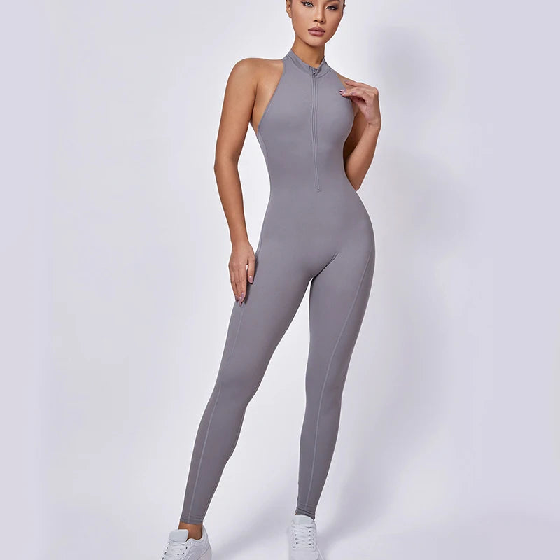 Women's Sleeveless Nylon Blend Zip Front Workout Jumpsuit with Open Back