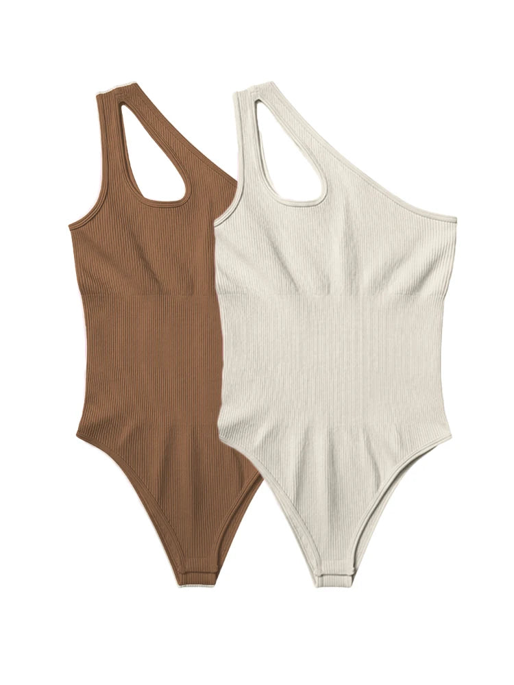 Women's One Shoulder Ribbed Nylon Blend Bodysuit with Strap Cutout