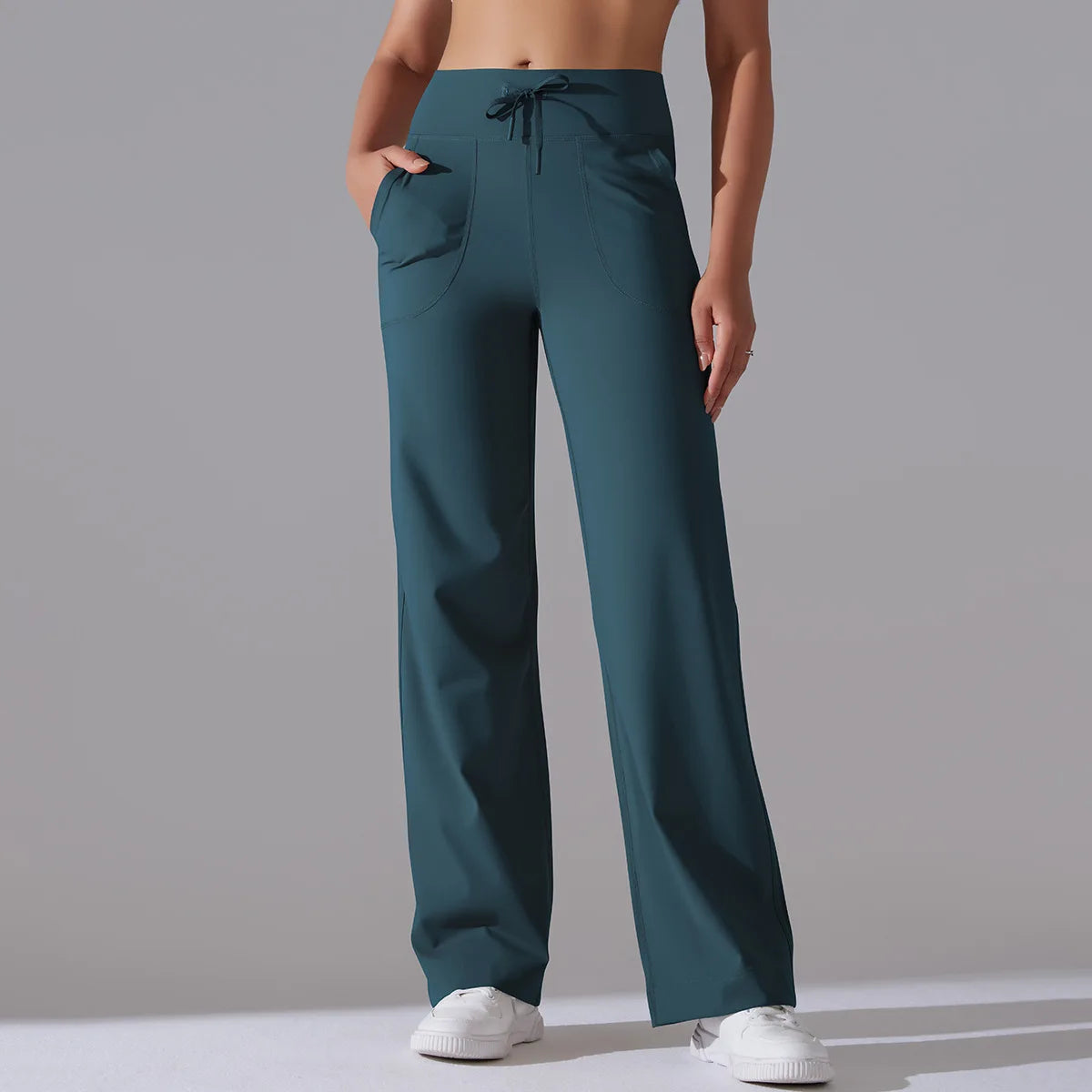 Women's Drawstring Waist Nylon Blend Wide Leg Pants with Extended Length Options
