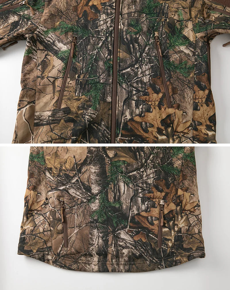 Silent Softshell Camouflage Hunting Jacket Men Waterproof Fleece Hooded Hunting Clothes Warm Outdoor Hiking Tactical Coat