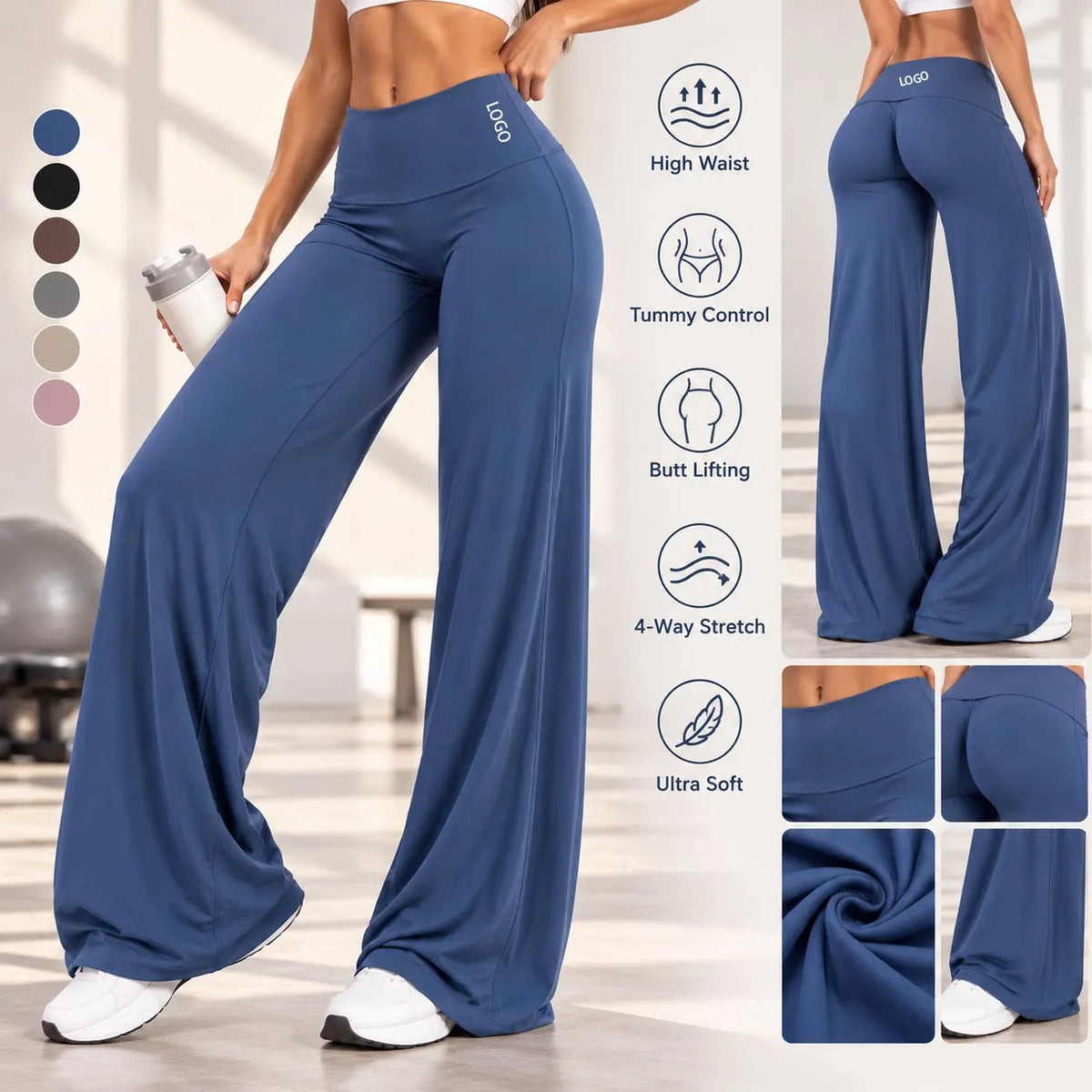 Women's High Waist Polyester Blend Wide Leg Pants for Yoga and Casual Wear