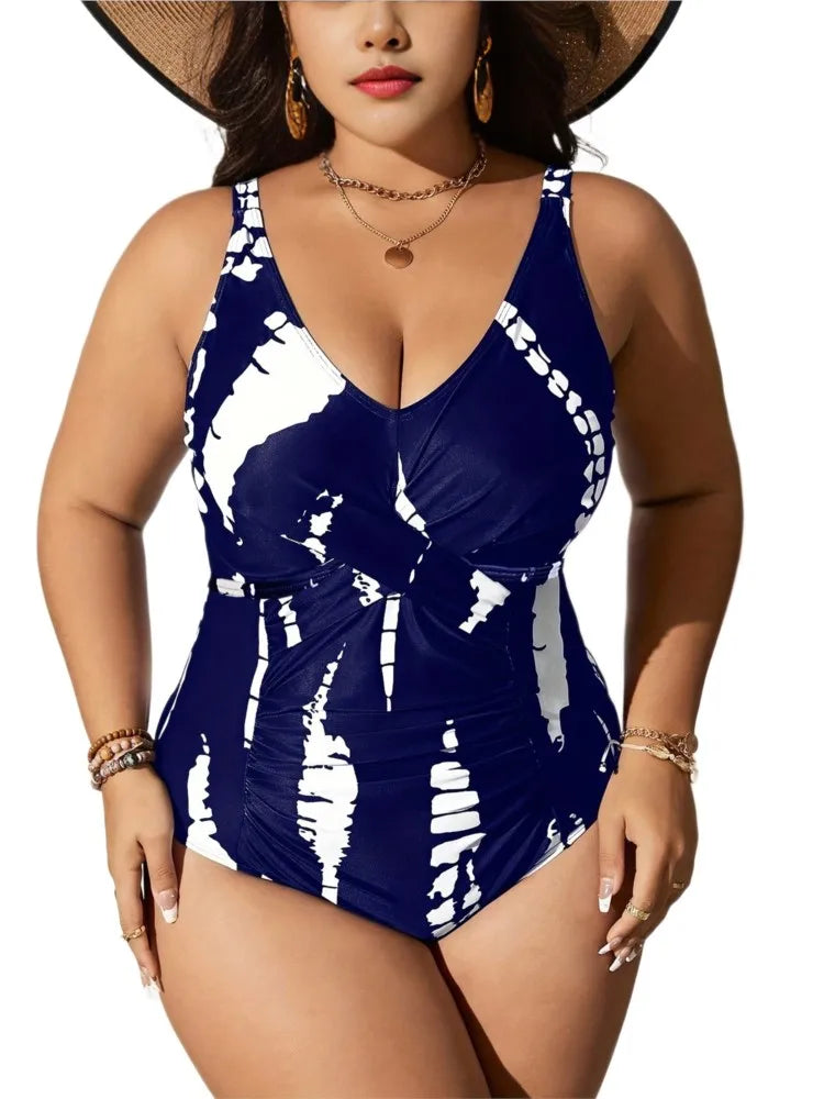 Women's Printed Ruched Front V Neck One Piece Swimsuit