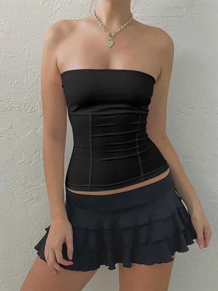 Women's Strapless Polyester Bustier Top with Straight Neckline and Panel Seams