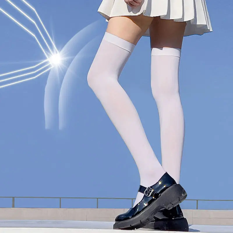 Solid Sheer Thigh High Stockings with Wide Cuffs