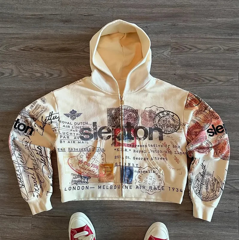 Abstract-Print Loose-Fit Long-Sleeve Zip-Front Hoodie