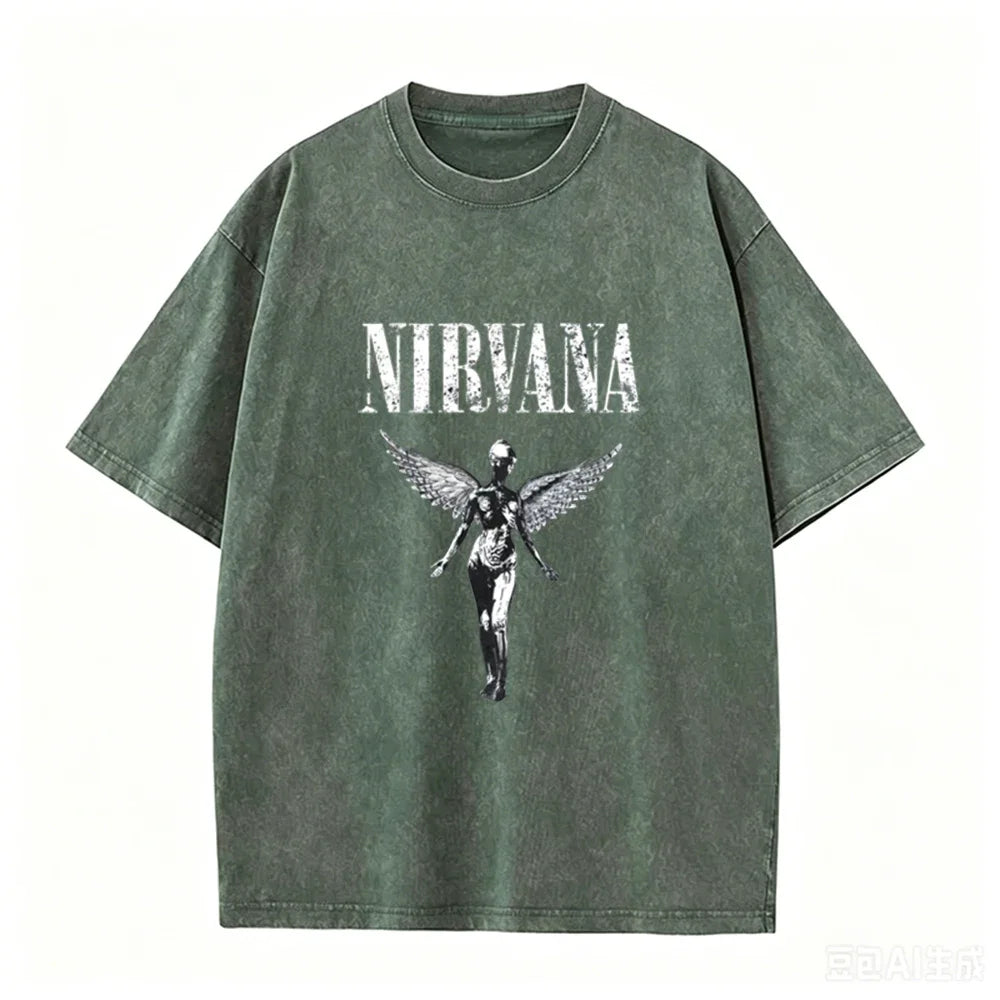Vintage Distressed Washed Tee Nirvana Grunge Rock Silver Angel Skeleton Print Loose Fit Short Sleeve T Shirts