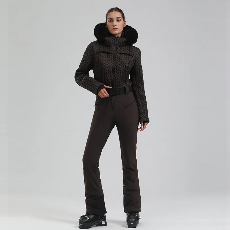 Hooded Long Sleeve Belted One Piece Ski Snow Jumpsuit