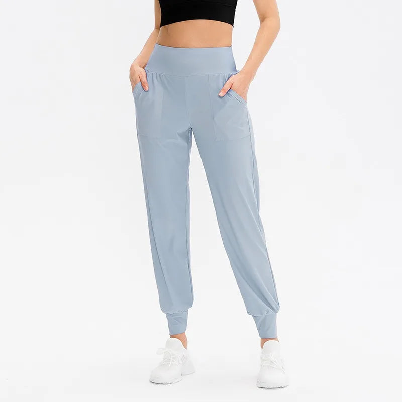 Women's High Waist Nylon Blend Workout Pants with Side Pockets and Cuffed Ankles