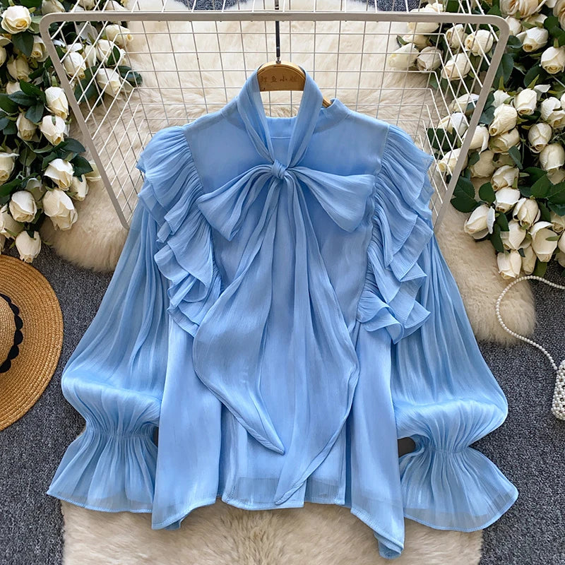 Women's Bow-Neck Long-Sleeve Blouse with Gathered Sleeves for Everyday and Office Outfits