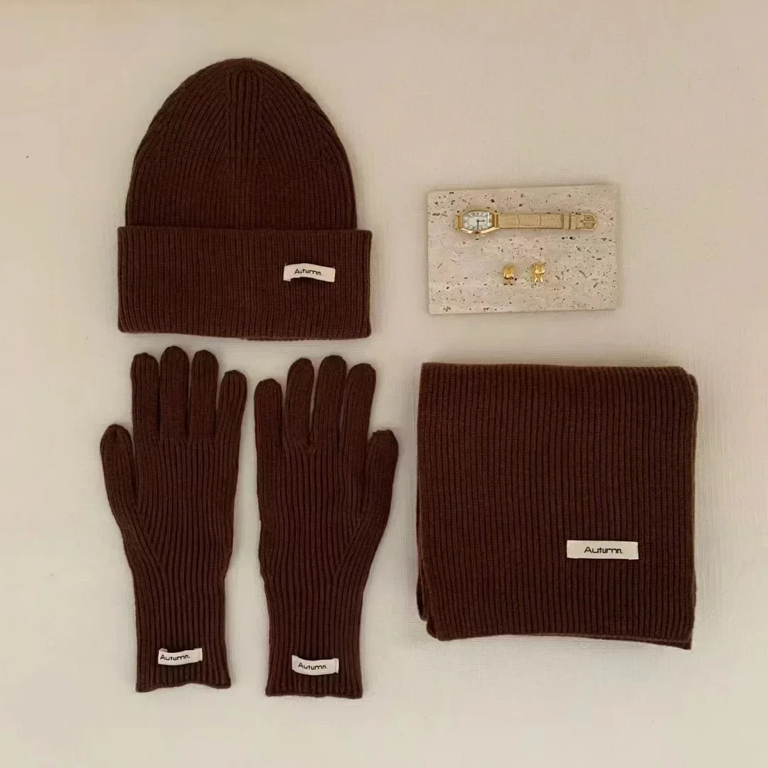 Women's Solid Knitted Hat Scarf and Gloves Set for Winter Wear