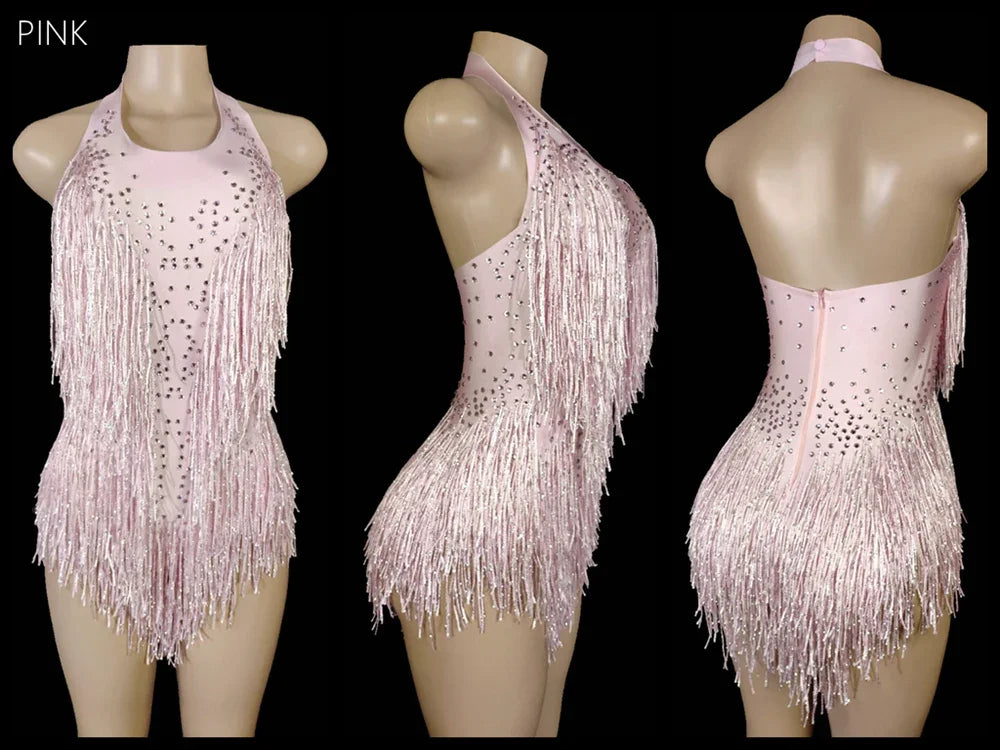 Women's Rhinestone Fringe Halter Dance Bodysuit for Stage Costume Outfits