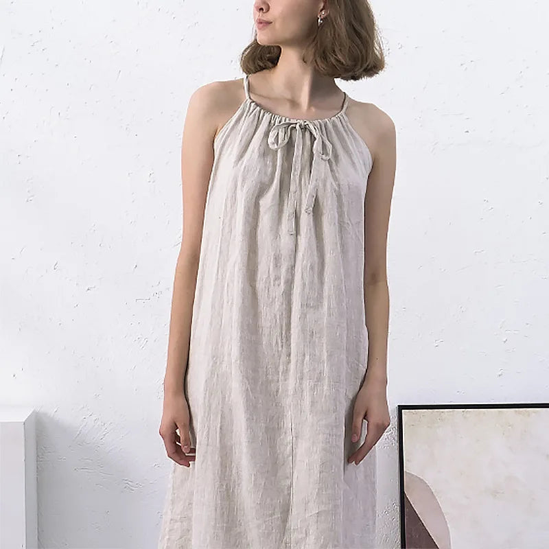 Women's Linen Sleeveless Loose A-Line Ankle-Length Dress with Straps and Practical Pockets